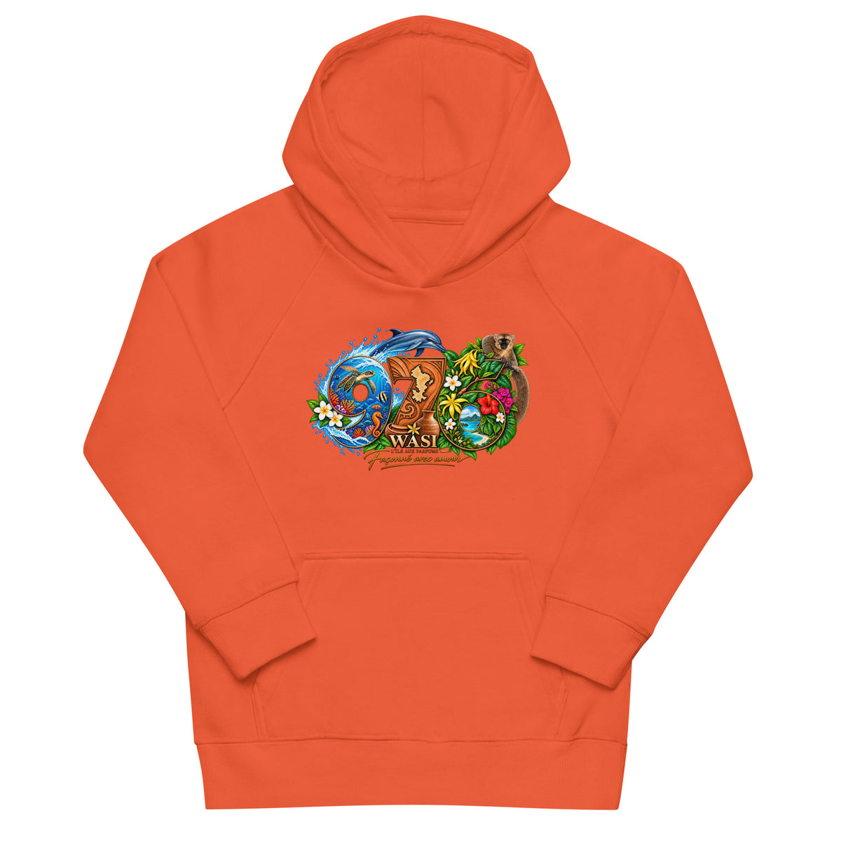 Sweat à capuche enfant orange brûlé vu de face, avec motif 976 illustré d’un dauphin, d’un maki, de fleurs et d’une carte de Mayotte.