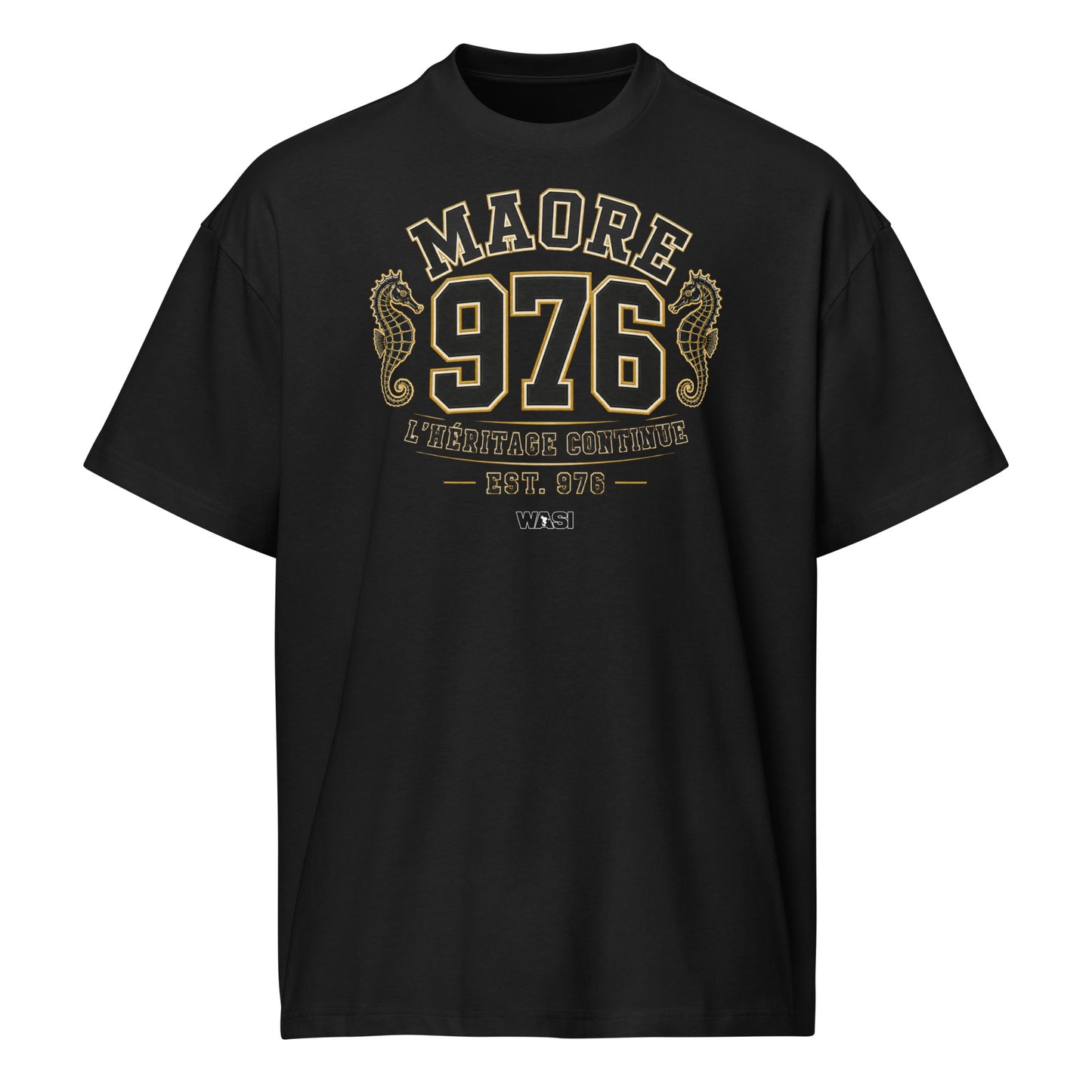 T-shirt noir unisexe WASI 976 Heritage Maoré avec inscription « L'Héritage Continue », chiffres 976 et hippocampes inspirés du patrimoine de Mayotte.