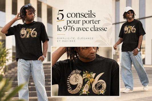 Personne portant un t-shirt 976 Mayotte avec un pantalon noir, tenue épurée