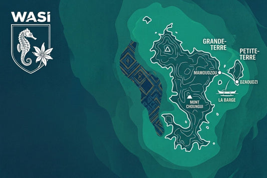 Carte illustrée de Mayotte (Grande-Terre et Petite-Terre) avec le logo de la marque streetwear WASI.