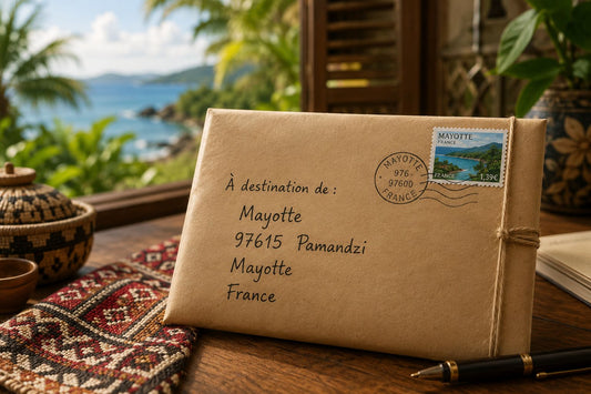 Enveloppe adressée à Pamandzi, Mayotte, avec le code postal 97615, posée sur une table dans une ambiance tropicale chaleureuse avec vue sur le lagon.