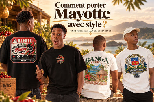 Quatre hommes portant des t-shirts WASI inspirés de Mayotte et du 976 dans un décor tropical.