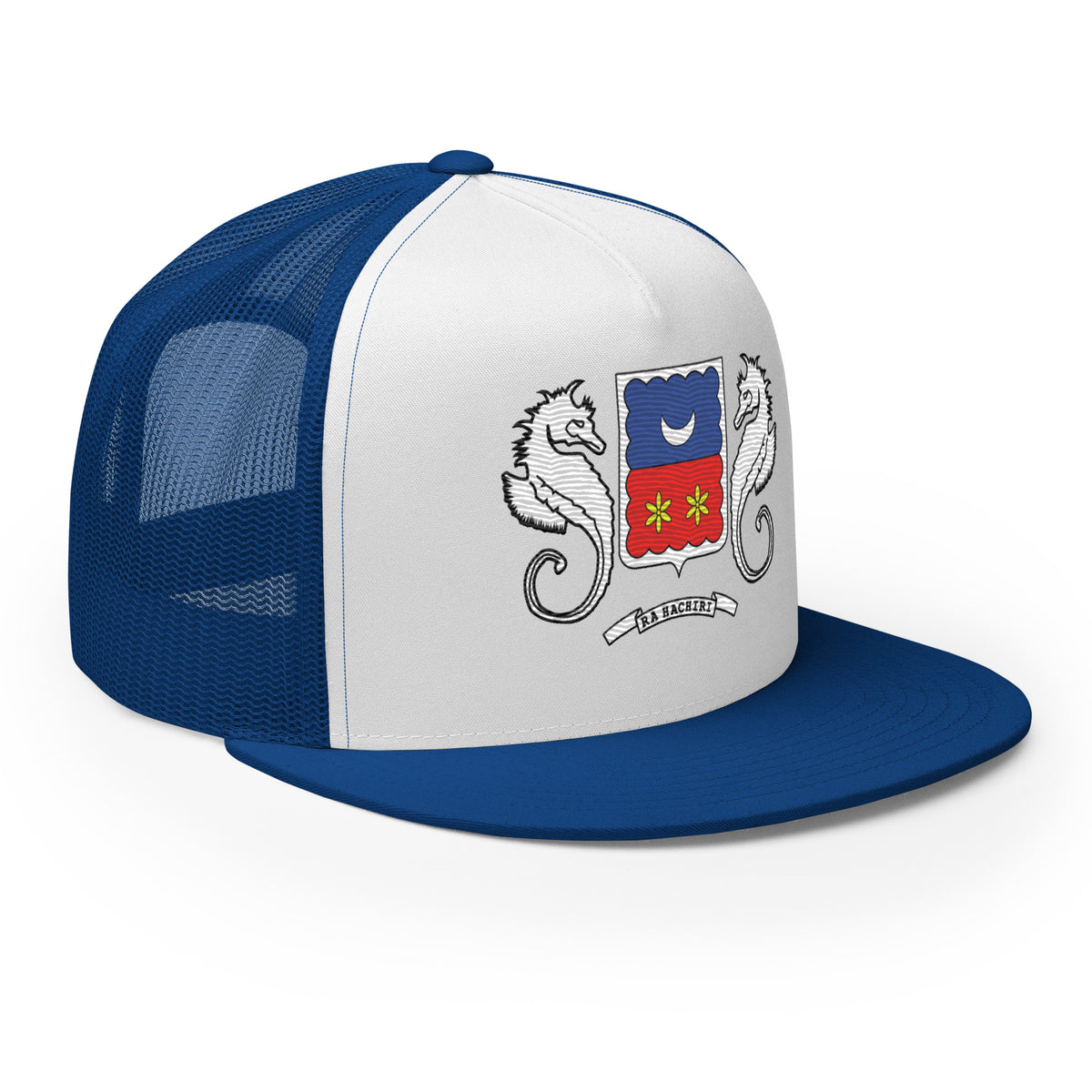 Casquette trucker Mayotte bleu et blanc, vue avant droite, motif Ra Hachiri