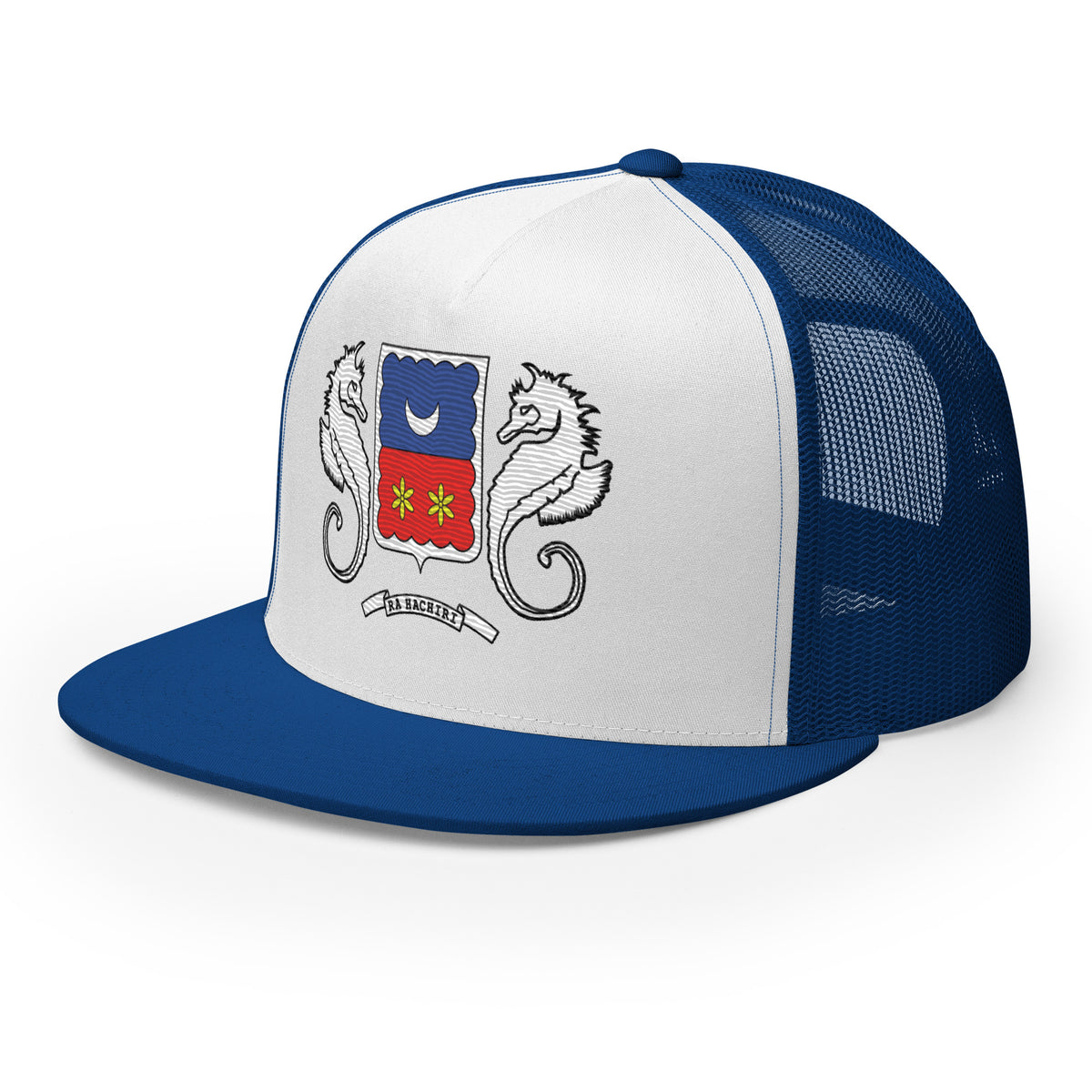 Casquette trucker Mayotte bleu et blanc, vue avant gauche, motif Ra Hachiri