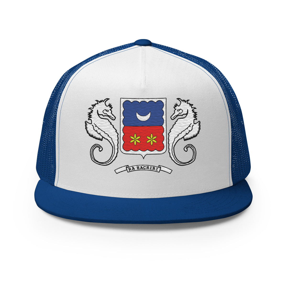Casquette trucker Mayotte bleu et blanc, vue de face, motif Ra Hachiri