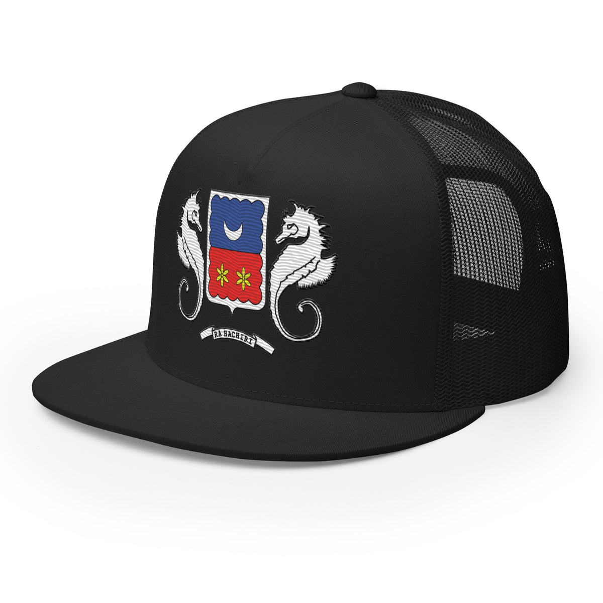 Casquette trucker Mayotte noire, vue avant gauche, motif Ra Hachiri