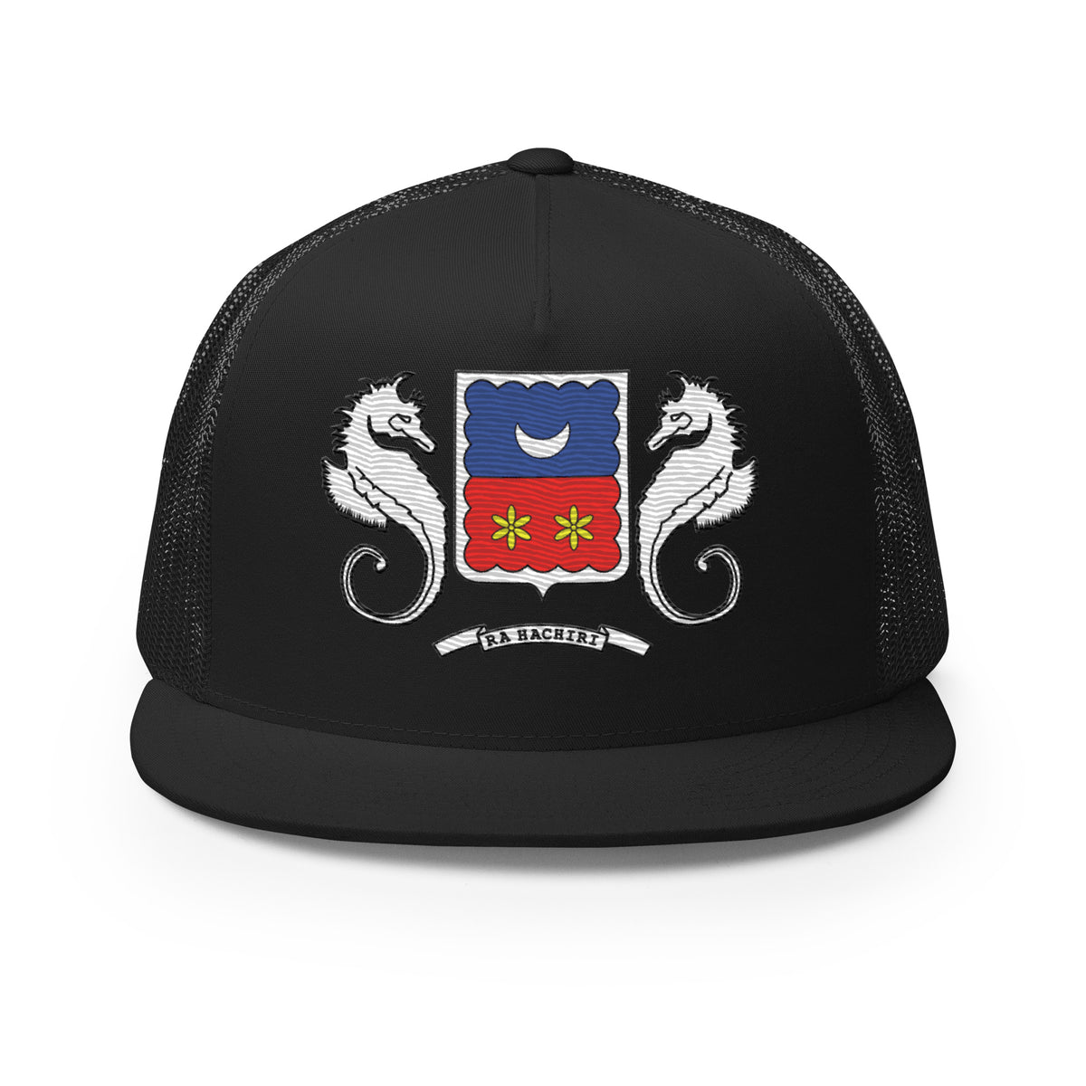 Casquette trucker Mayotte noire, vue de face, motif Ra Hachiri