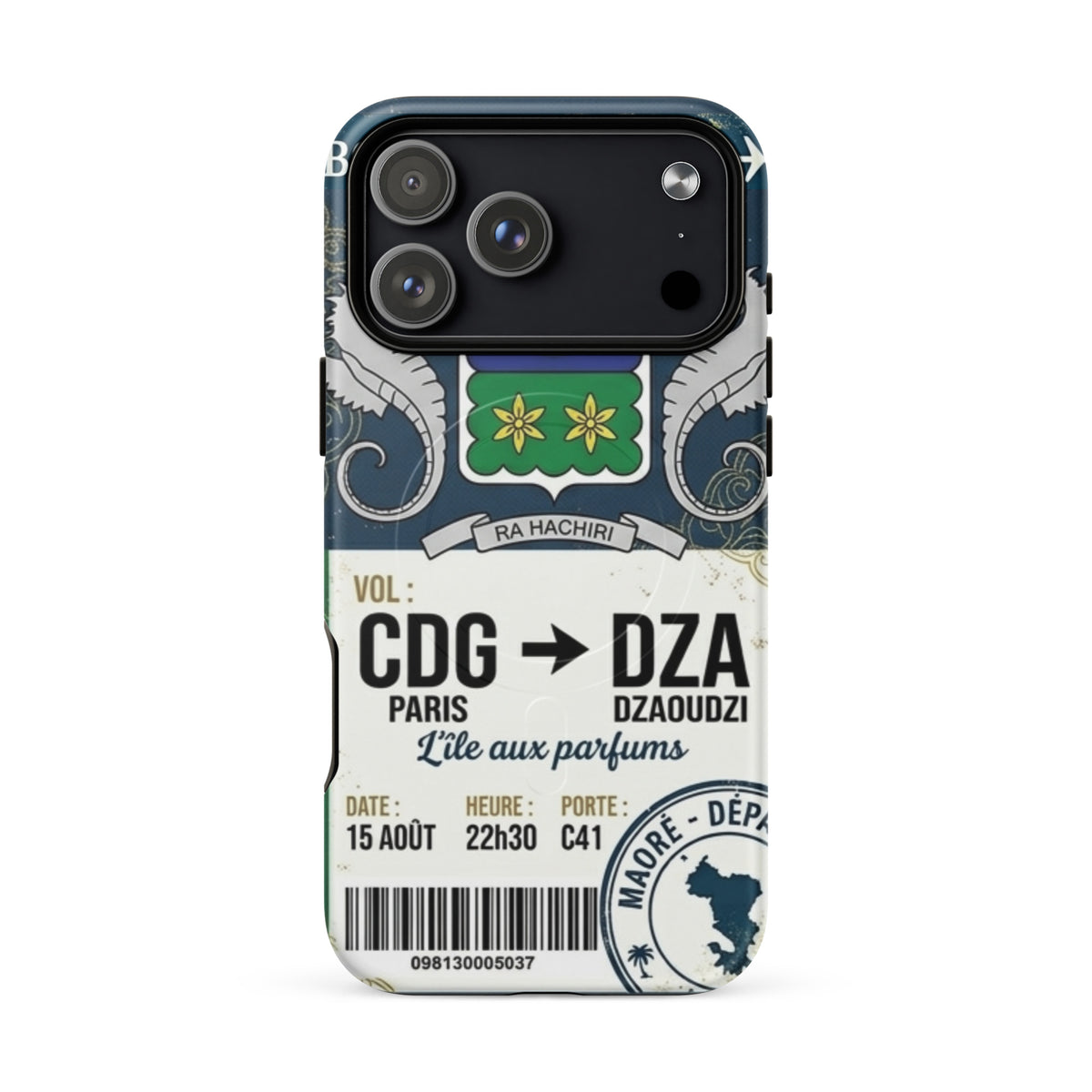 Coque iPhone MagSafe double couche motif ticket de vol Paris CDG vers Dzaoudzi DZA Mayotte