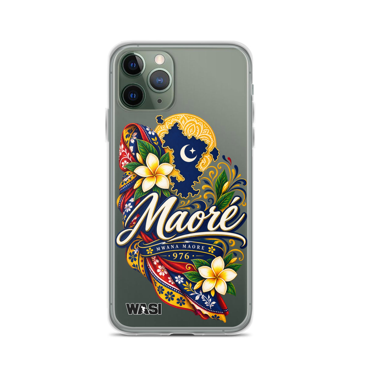 Coque iPhone Mwana Maore motif traditionnel Salouva et Kishambani bleu et or