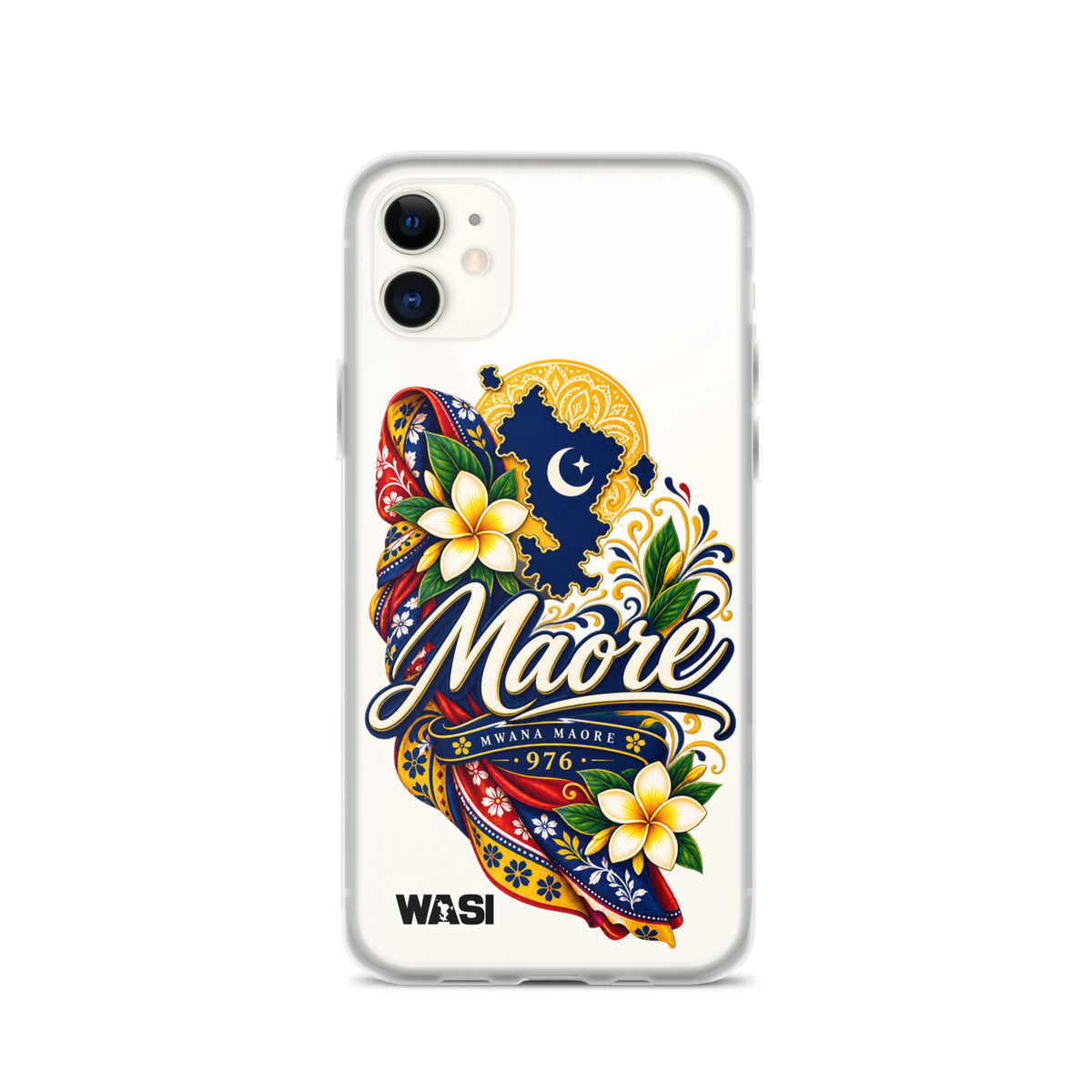 Coque iPhone Mwana Maore motif traditionnel Salouva et Kishambani bleu et or