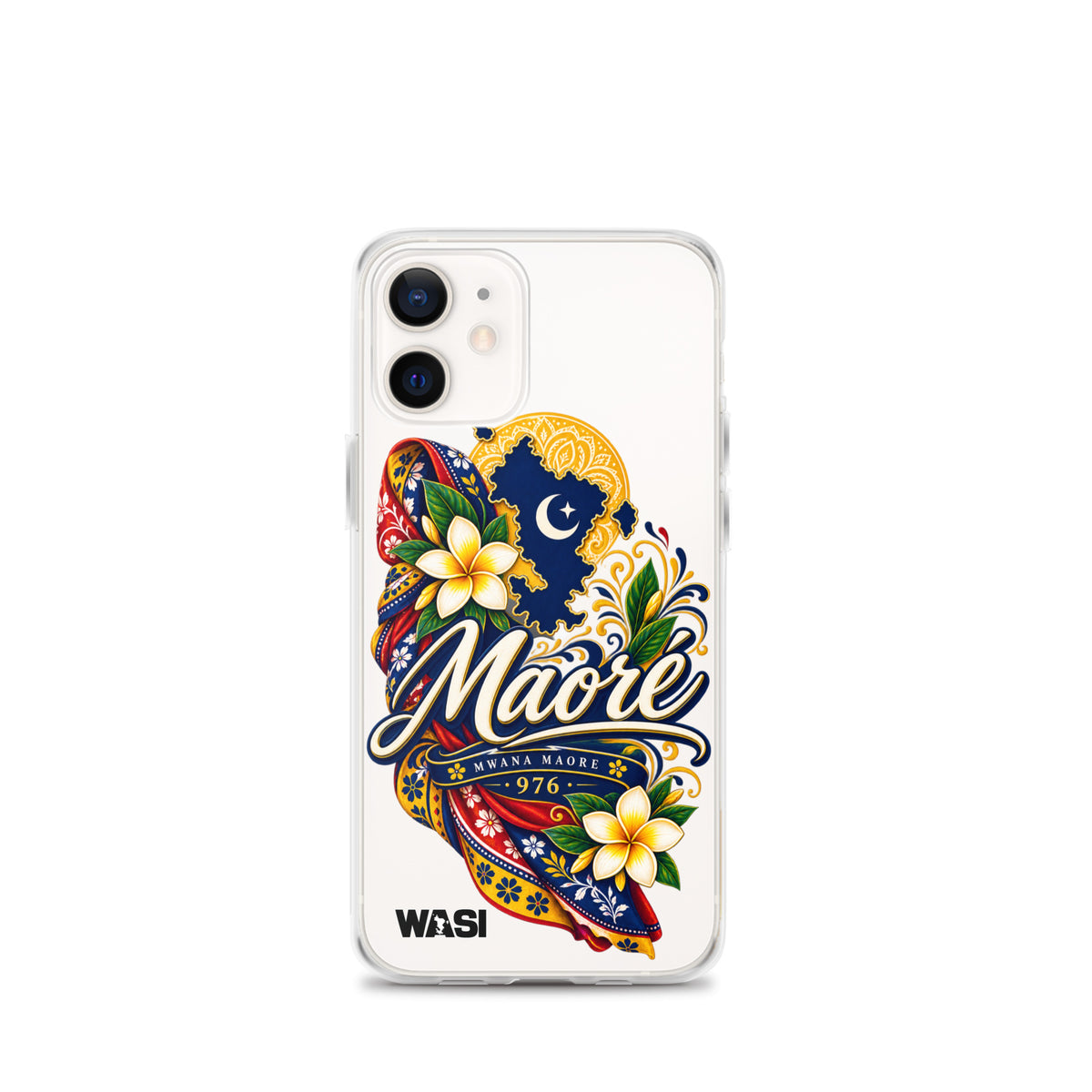 Coque iPhone Mwana Maore motif traditionnel Salouva et Kishambani bleu et or