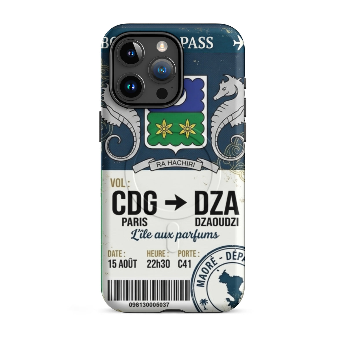 Coque iPhone MagSafe double couche motif ticket de vol Paris CDG vers Dzaoudzi DZA Mayotte