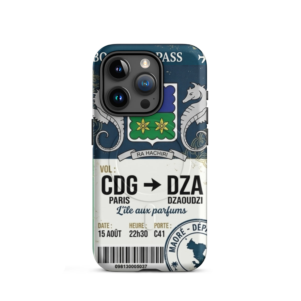 Coque iPhone MagSafe double couche motif ticket de vol Paris CDG vers Dzaoudzi DZA Mayotte