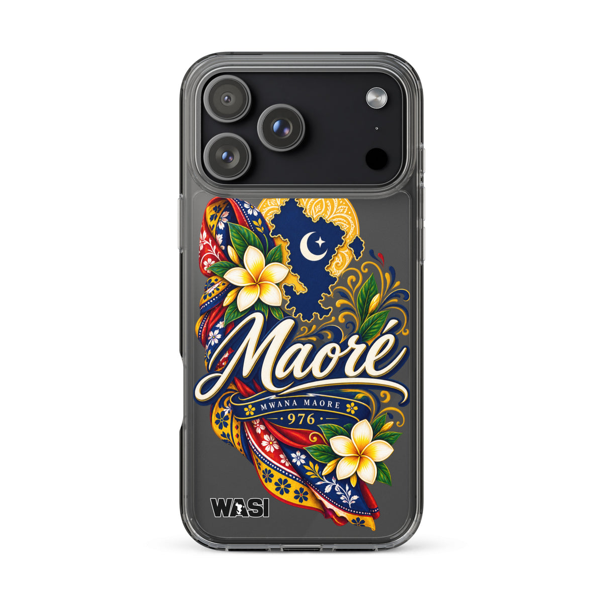 Coque iPhone Mwana Maore motif traditionnel Salouva et Kishambani bleu et or