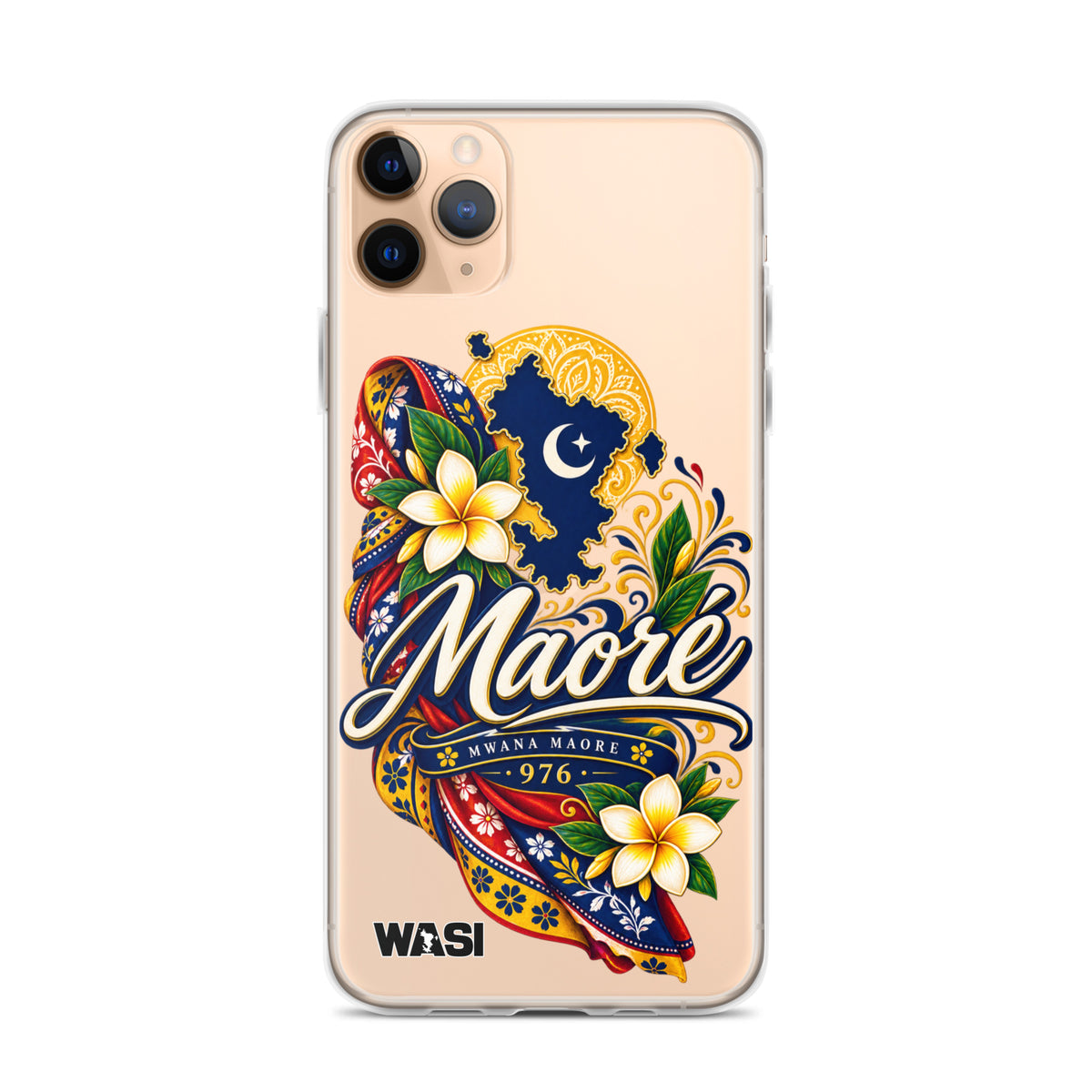 Coque iPhone Mwana Maore motif traditionnel Salouva et Kishambani bleu et or