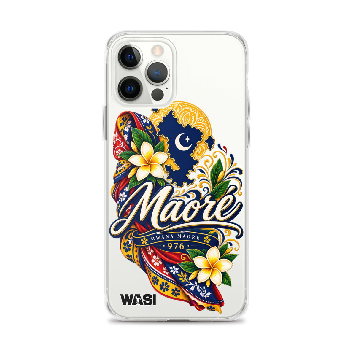Coque iPhone Mwana Maore motif traditionnel Salouva et Kishambani bleu et or