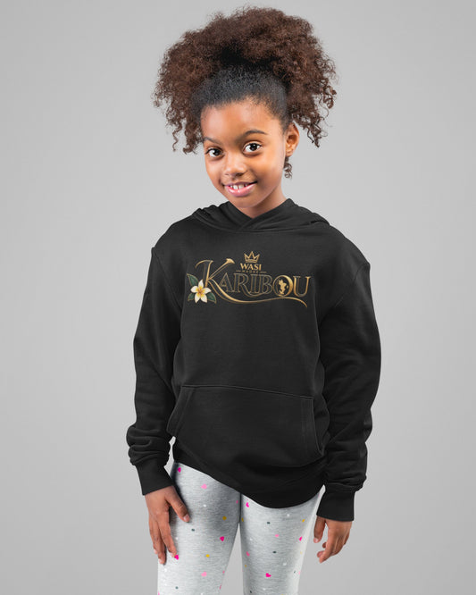 Design Karibou WASI Maoré avec fleur d'ylang-ylang, carte de Mayotte et lettrage doré pour sweat enfant
