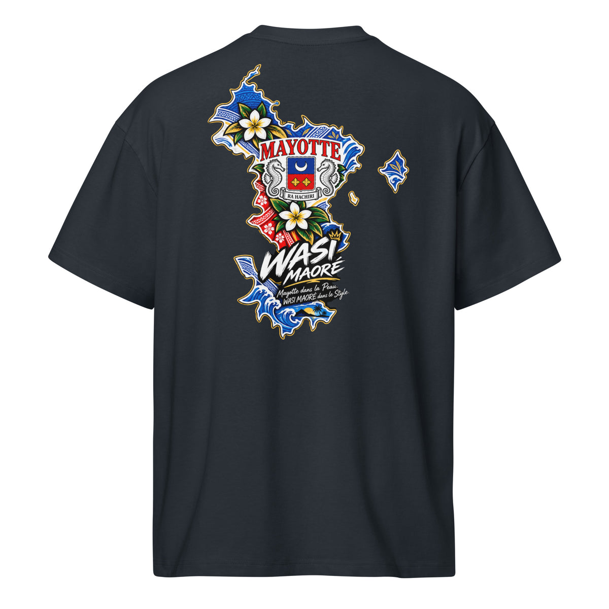Dos du t-shirt oversize Mayotte dans la Peau, bleu marine