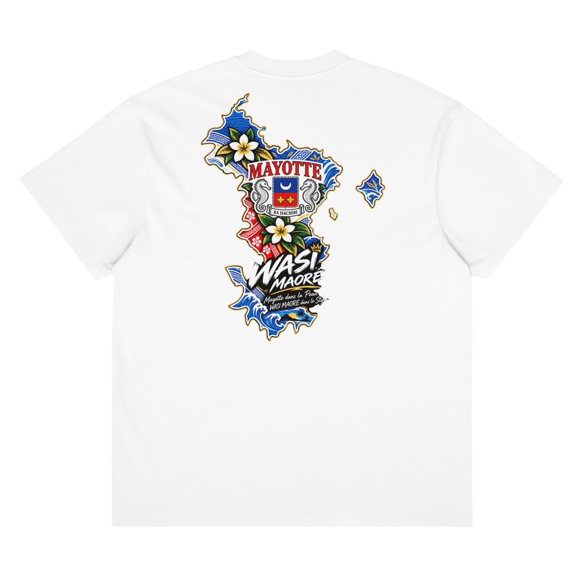 Face avant du t-shirt oversize Mayotte dans la Peau, blanc vintage