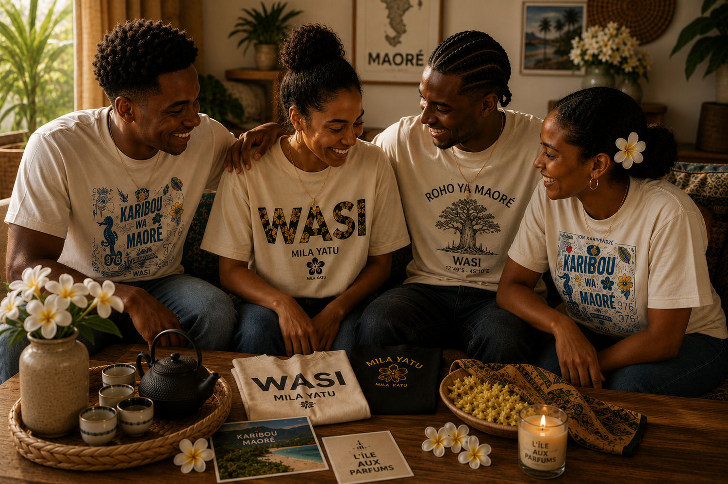 Les fondateurs de WASI réunis en famille autour d'un moment de partage à la maison, portant les créations de la marque inspirées de Mayotte. Une scène chaleureuse qui symbolise les origines, les souvenirs et l'histoire de WASI – L'Île aux Parfums.
