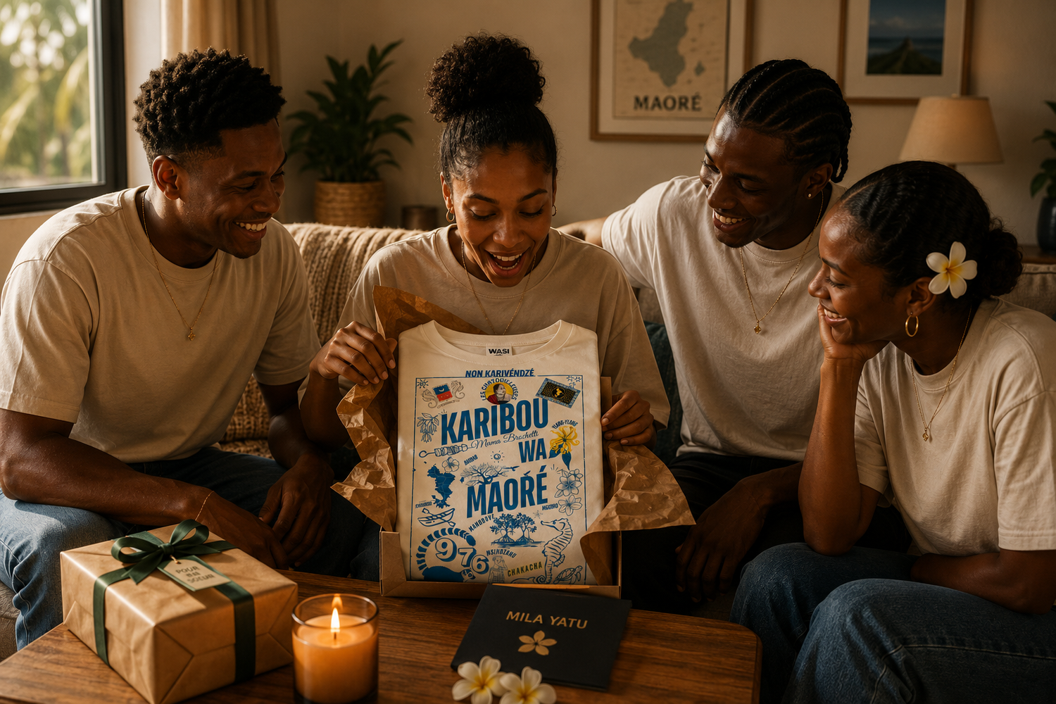 Une famille originaire de Mayotte partage un moment d'émotion en découvrant le premier t-shirt « Karibou Wa Maoré », le cadeau qui a inspiré la création de la marque WASI – L'Île aux Parfums.