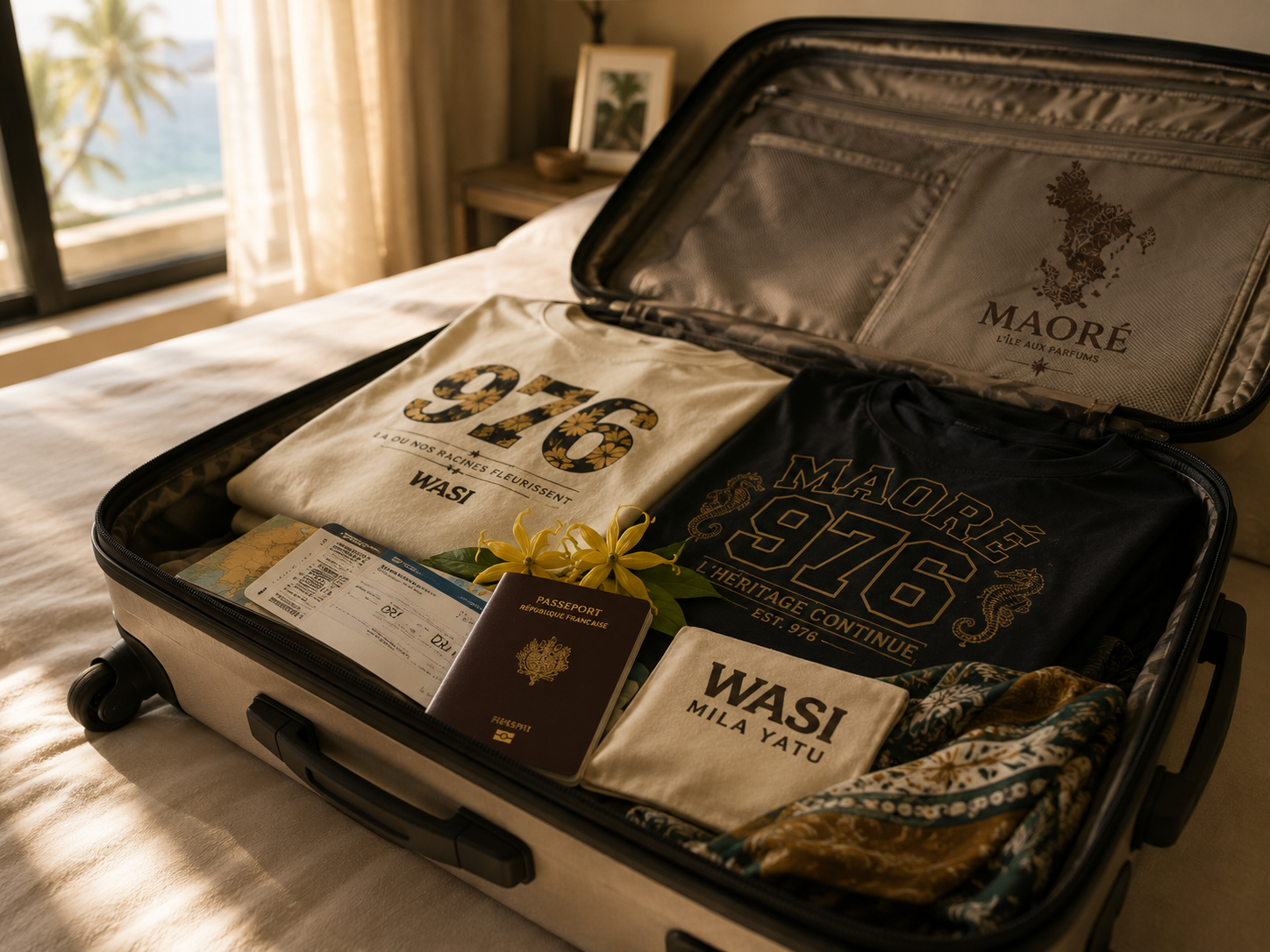 Une valise ouverte contenant des vêtements WASI, un passeport, un billet d'avion et des fleurs d'ylang-ylang. Une scène inspirée du retour à Mayotte, symbole des souvenirs, de la famille et des racines de la diaspora mahoraise.