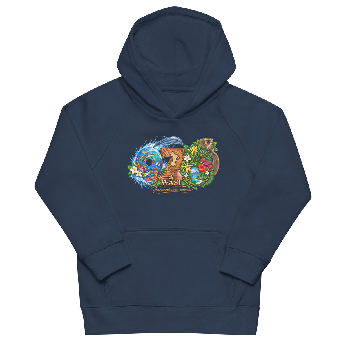 Sweat à capuche enfant bleu marine vu de face, avec motif 976 illustré d’un dauphin, d’un maki, de fleurs et d’une carte de Mayotte.