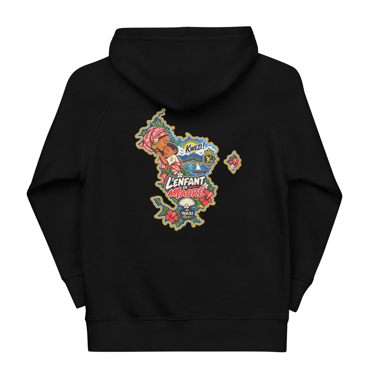 Sweat à capuche enfant noir vu de dos, avec carte de Mayotte colorée, mère tenant son bébé et inscription L’Enfant de Maoré.