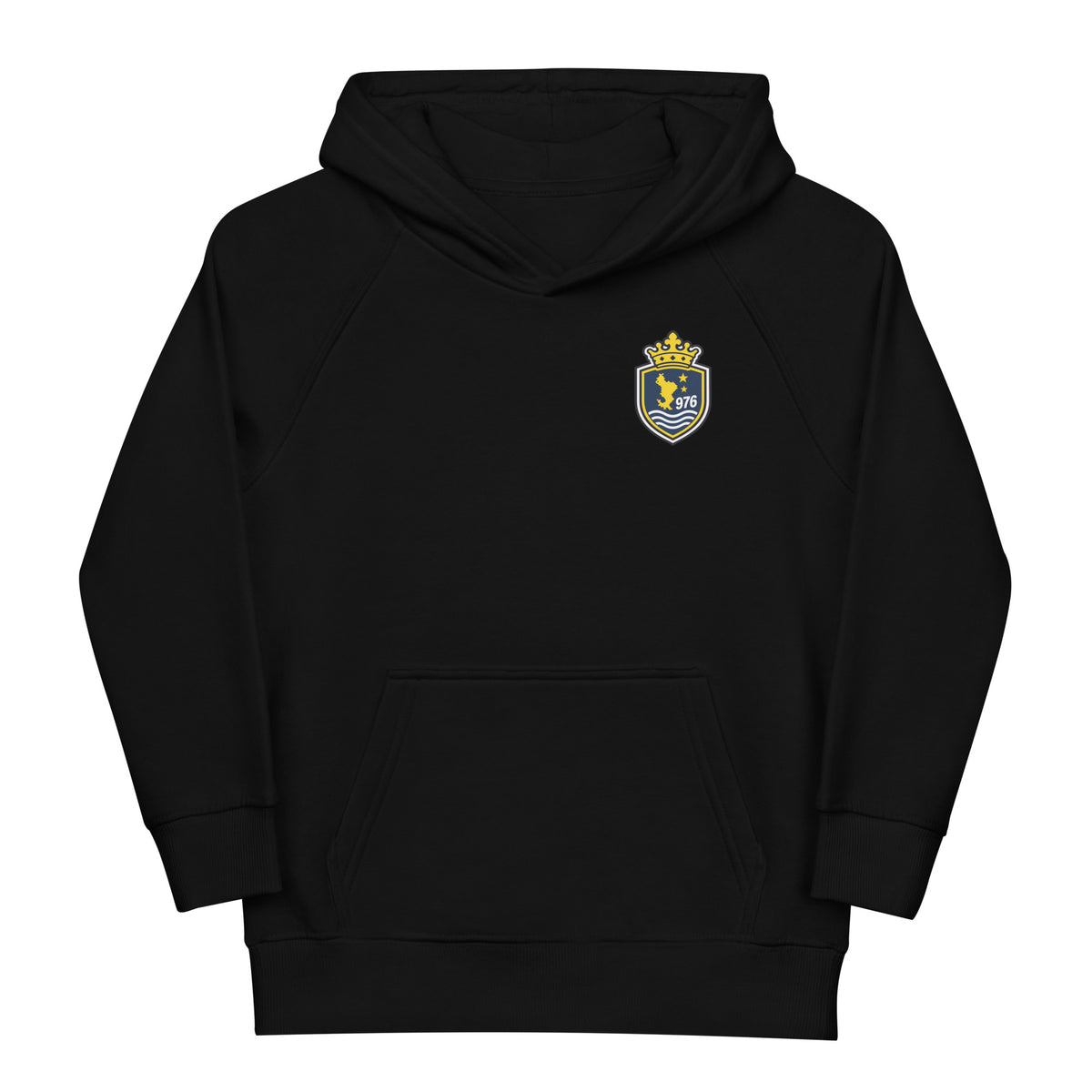 Sweat à capuche enfant noir vu de face, avec écusson couronné 976 sur la poitrine et poche kangourou. 