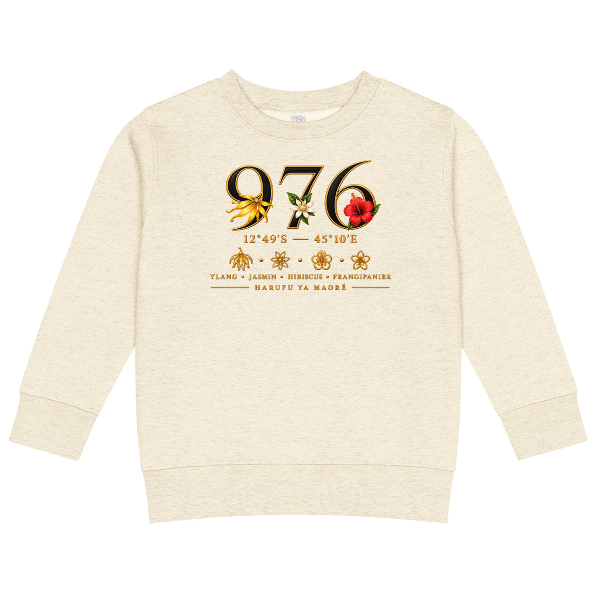  Sweat enfant écru chiné à col rond vu de face, avec chiffres 976 dorés ornés de fleurs d’ylang-ylang, de jasmin et d’hibiscus.