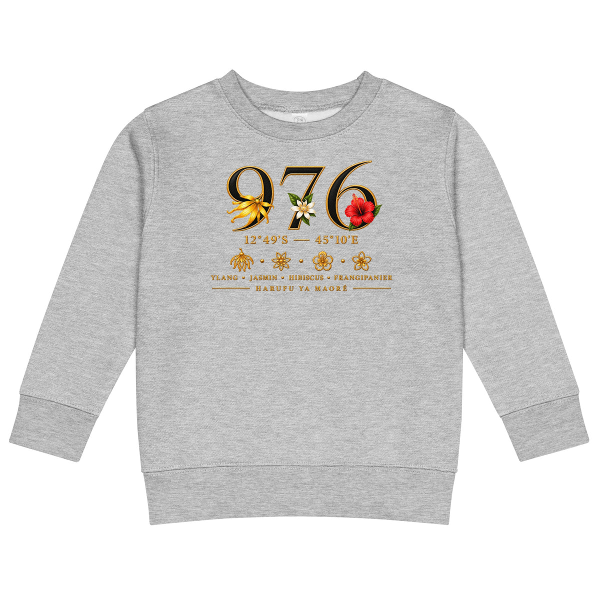 Sweat enfant gris chiné à col rond vu de face, avec chiffres 976 dorés ornés de fleurs d’ylang-ylang, de jasmin et d’hibiscus
