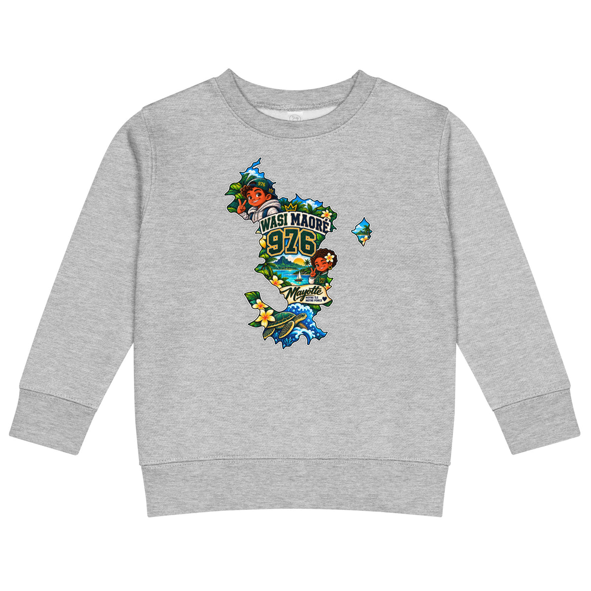 Sweat enfant gris chiné à col rond vu de face, avec motif WASI Maoré 976 dans une carte de Mayotte colorée.