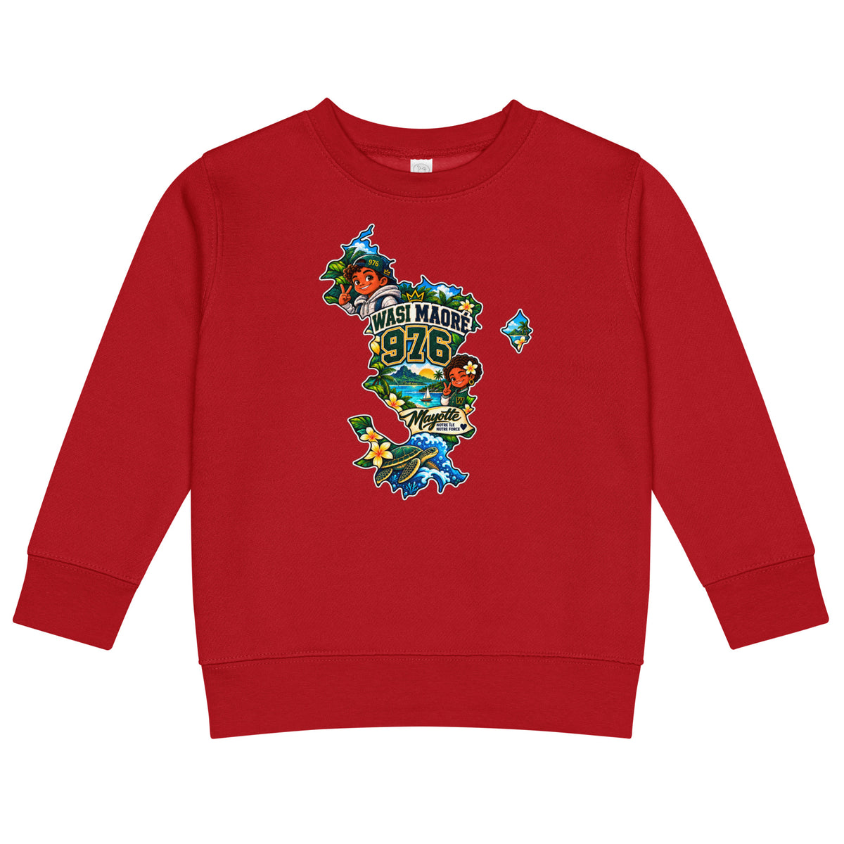 Sweat enfant rouge à col rond vu de face, avec motif WASI Maoré 976 dans une carte de Mayotte colorée.