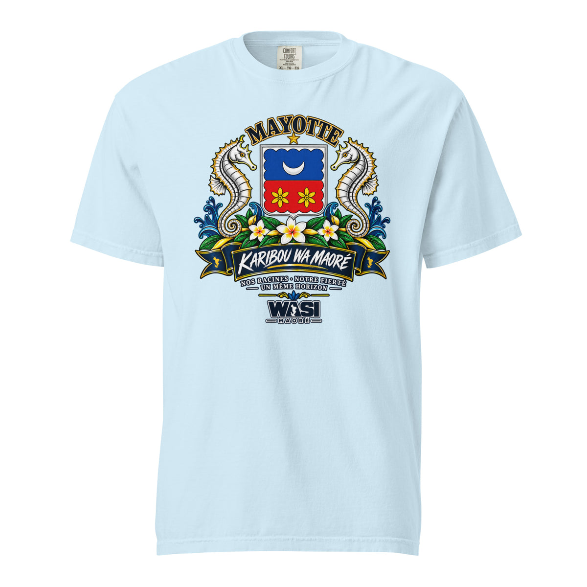 T-shirt unisexe Karibou wa Maoré bleu chambray, vue de face