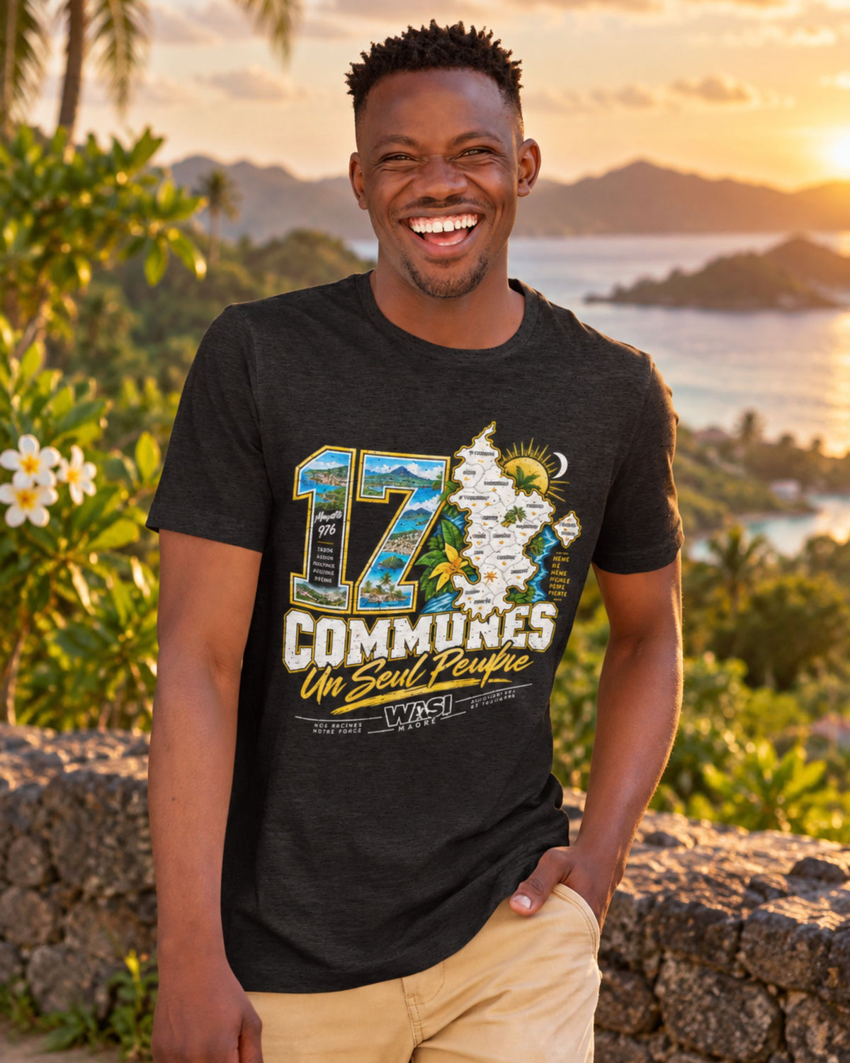 Modèle portant le t-shirt Mayotte « 17 Communes, Un Seul Peuple »
