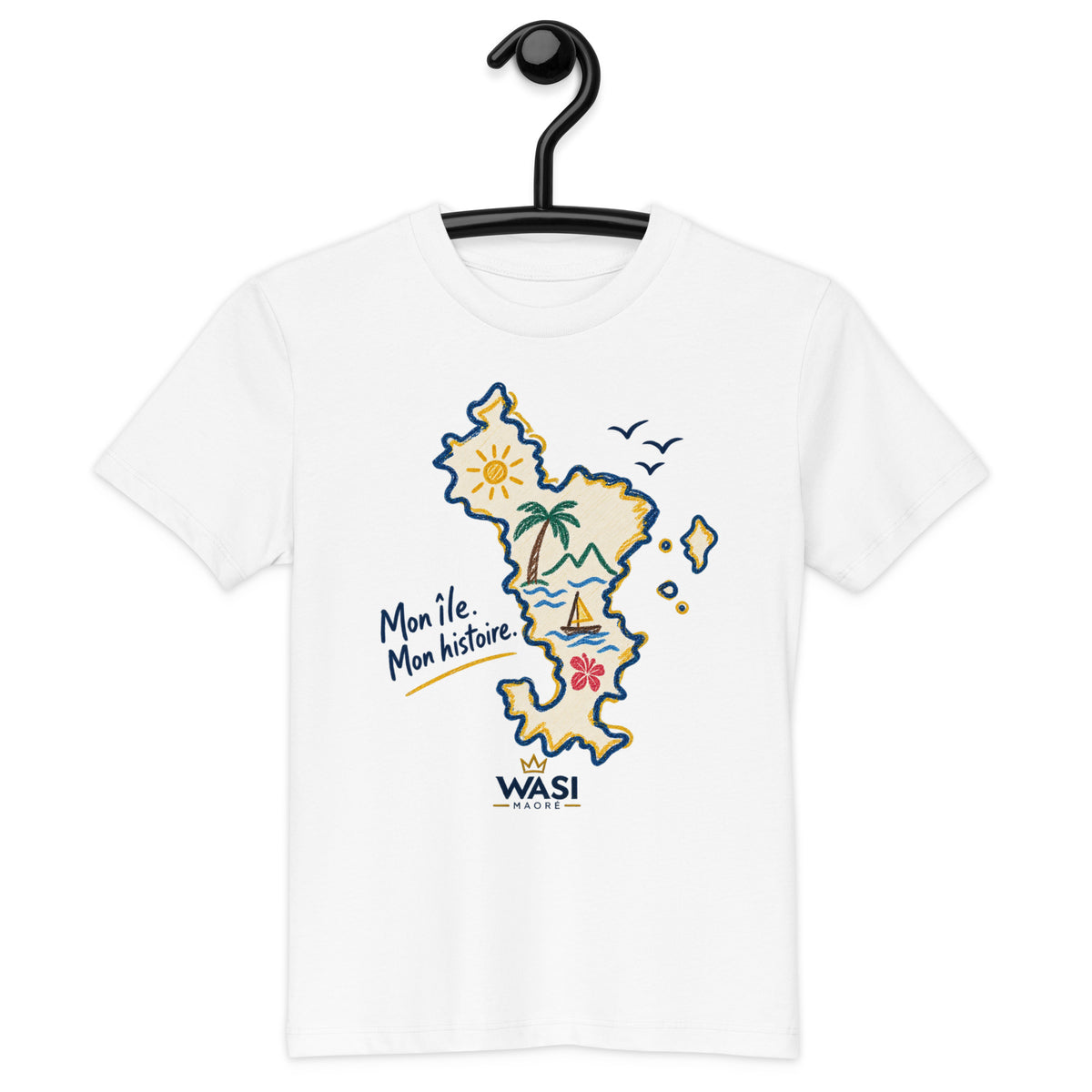 T-shirt enfant noir en coton biologique avec carte illustrée de Mayotte, vue de face