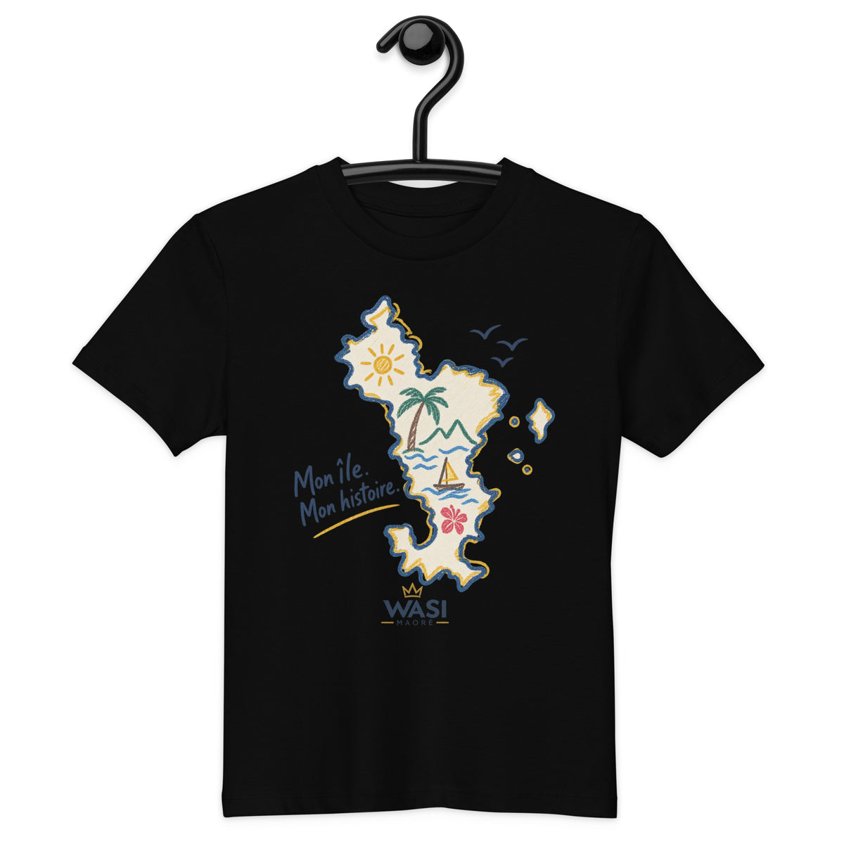 T-shirt enfant noir en coton biologique avec carte illustrée de Mayotte, vue de face