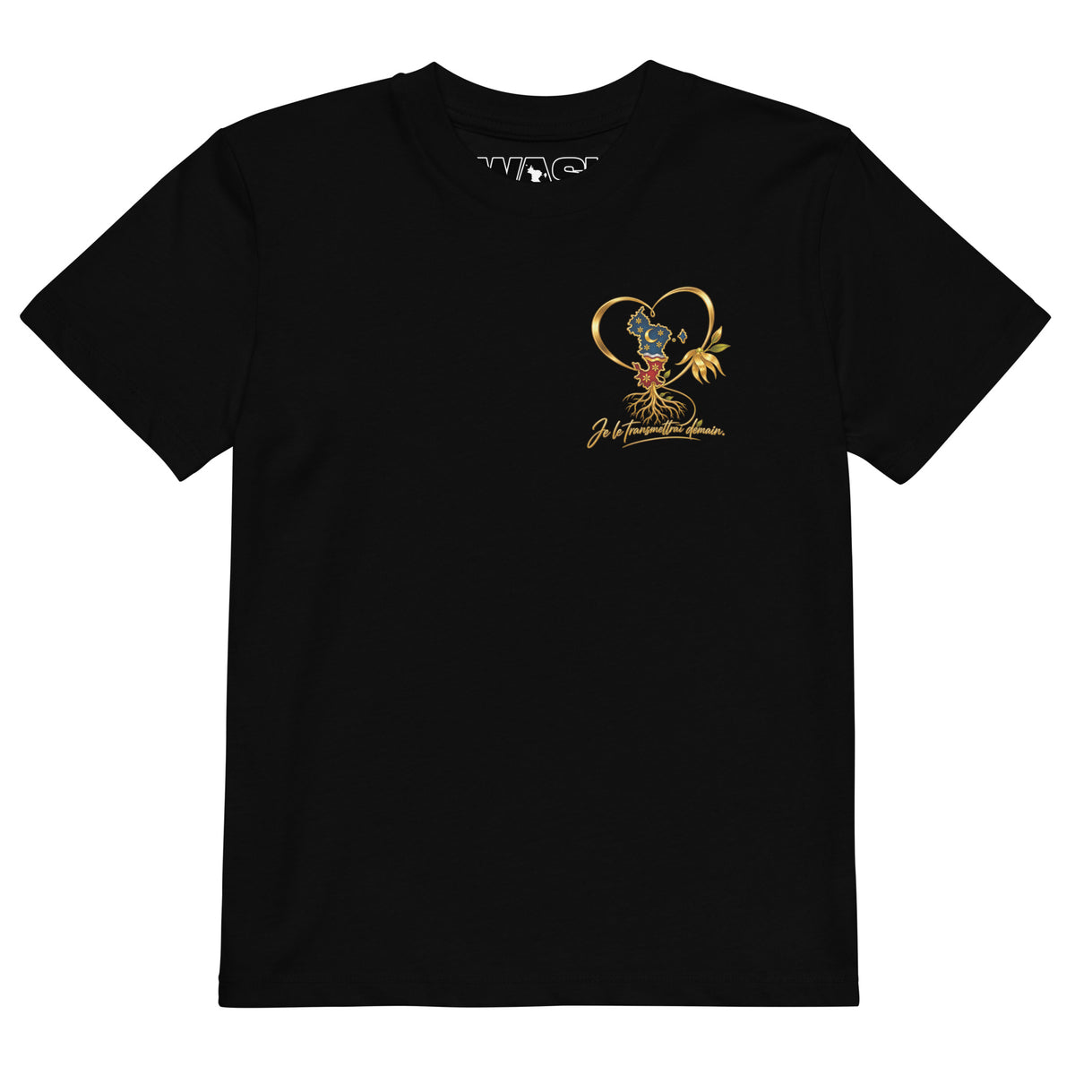 T-shirt enfant noir vu de face, avec cœur doré entourant une carte de Mayotte, fleur d’ylang-ylang et inscription “Je le transmettrai demain”. 