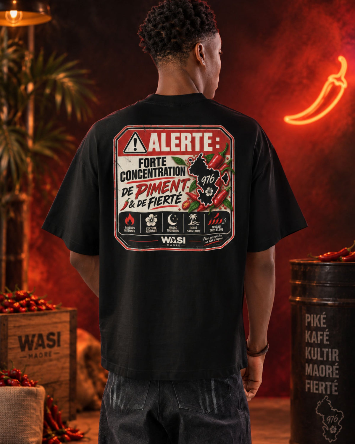 Modèle portant le t-shirt oversize Forte Concentration de Piment et de Fierté