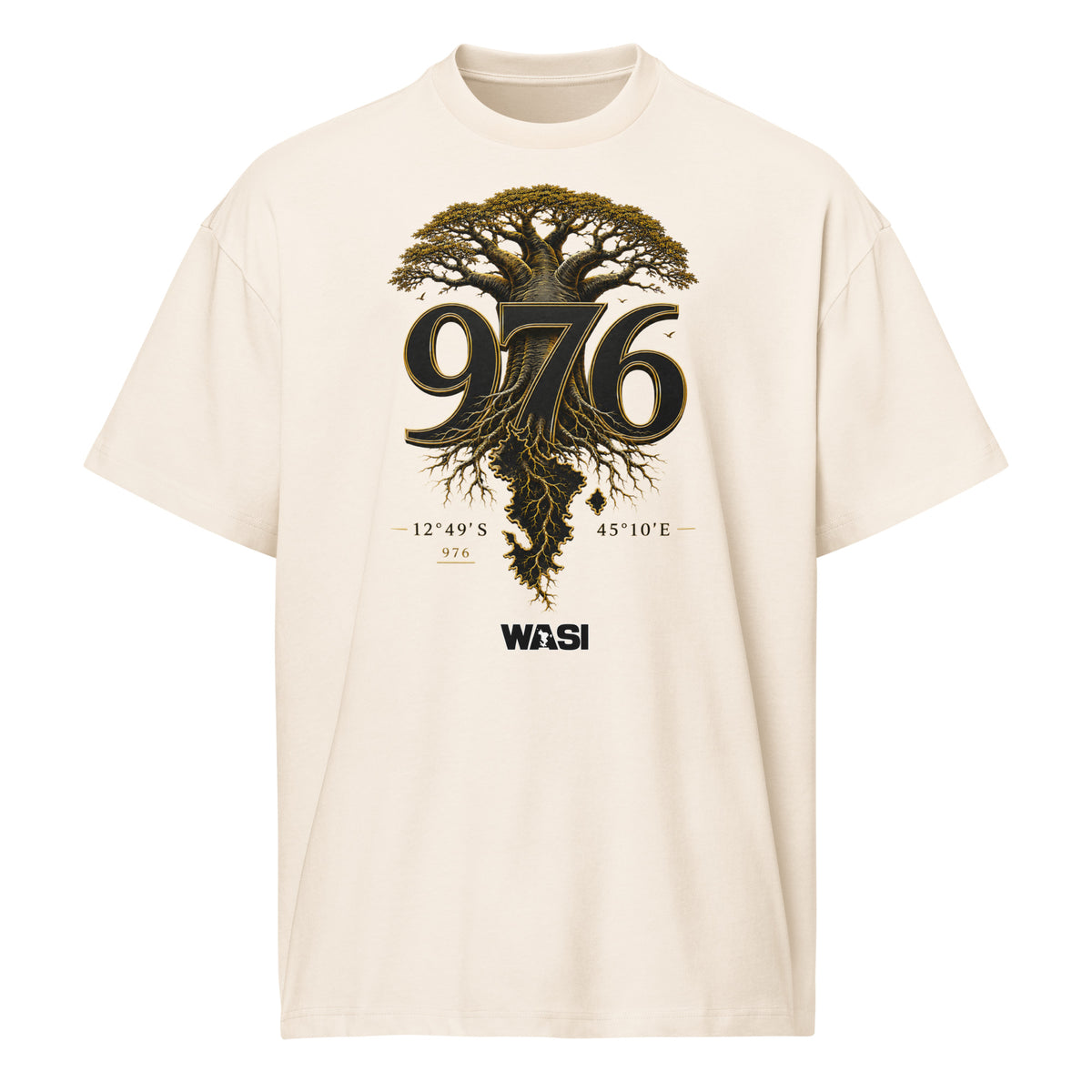 Vue de face du t-shirt oversize ivoire 976 Baobab WASI, modèle unisexe inspiré des racines de Mayotte.
