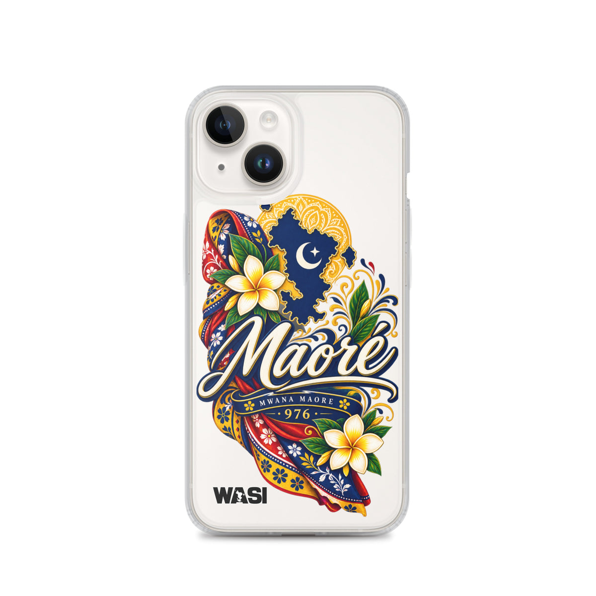 Coque iPhone Mwana Maore motif traditionnel Salouva et Kishambani bleu et or