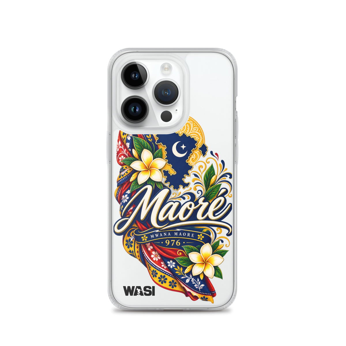 Coque iPhone Mwana Maore motif traditionnel Salouva et Kishambani bleu et or