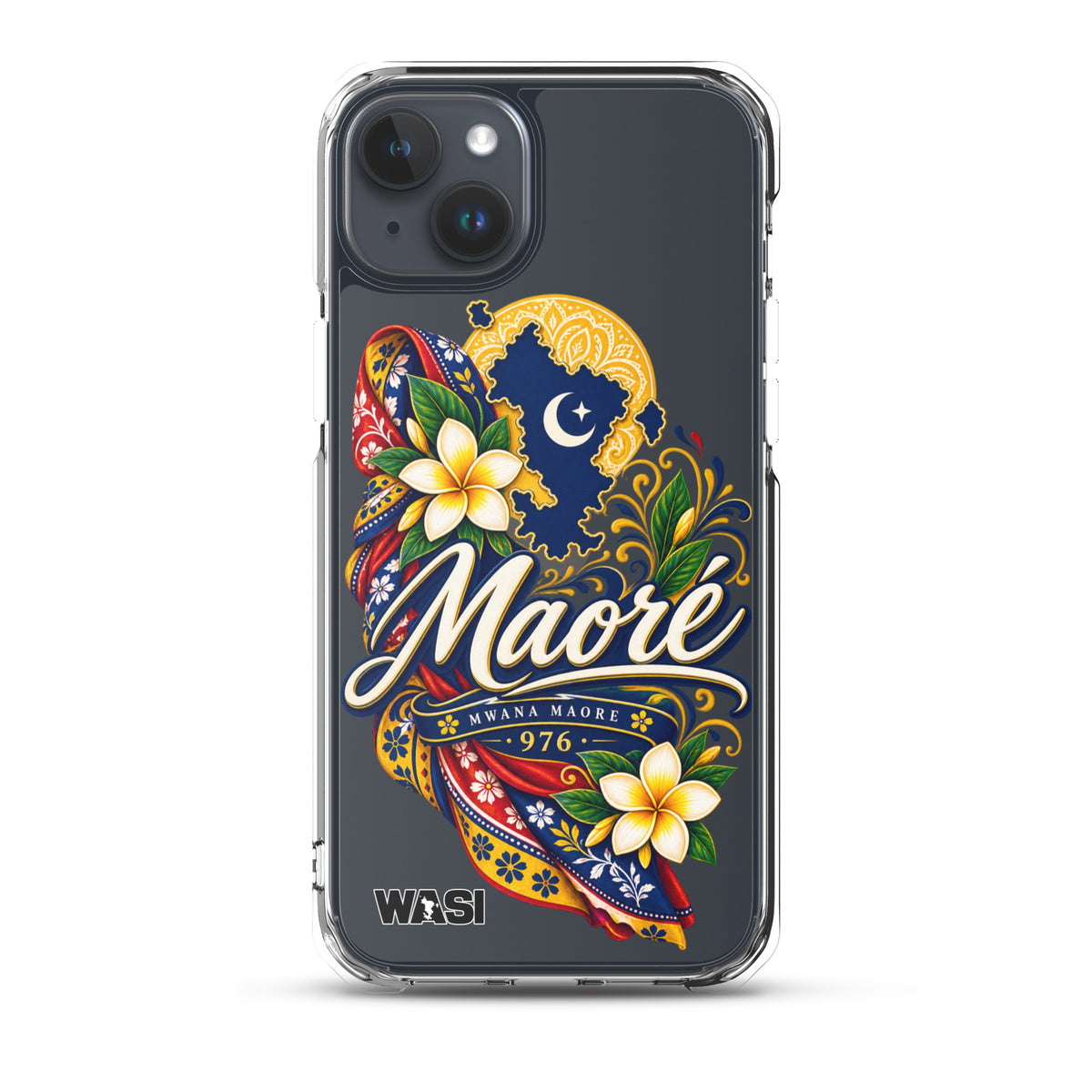 Coque iPhone Mwana Maore motif traditionnel Salouva et Kishambani bleu et or