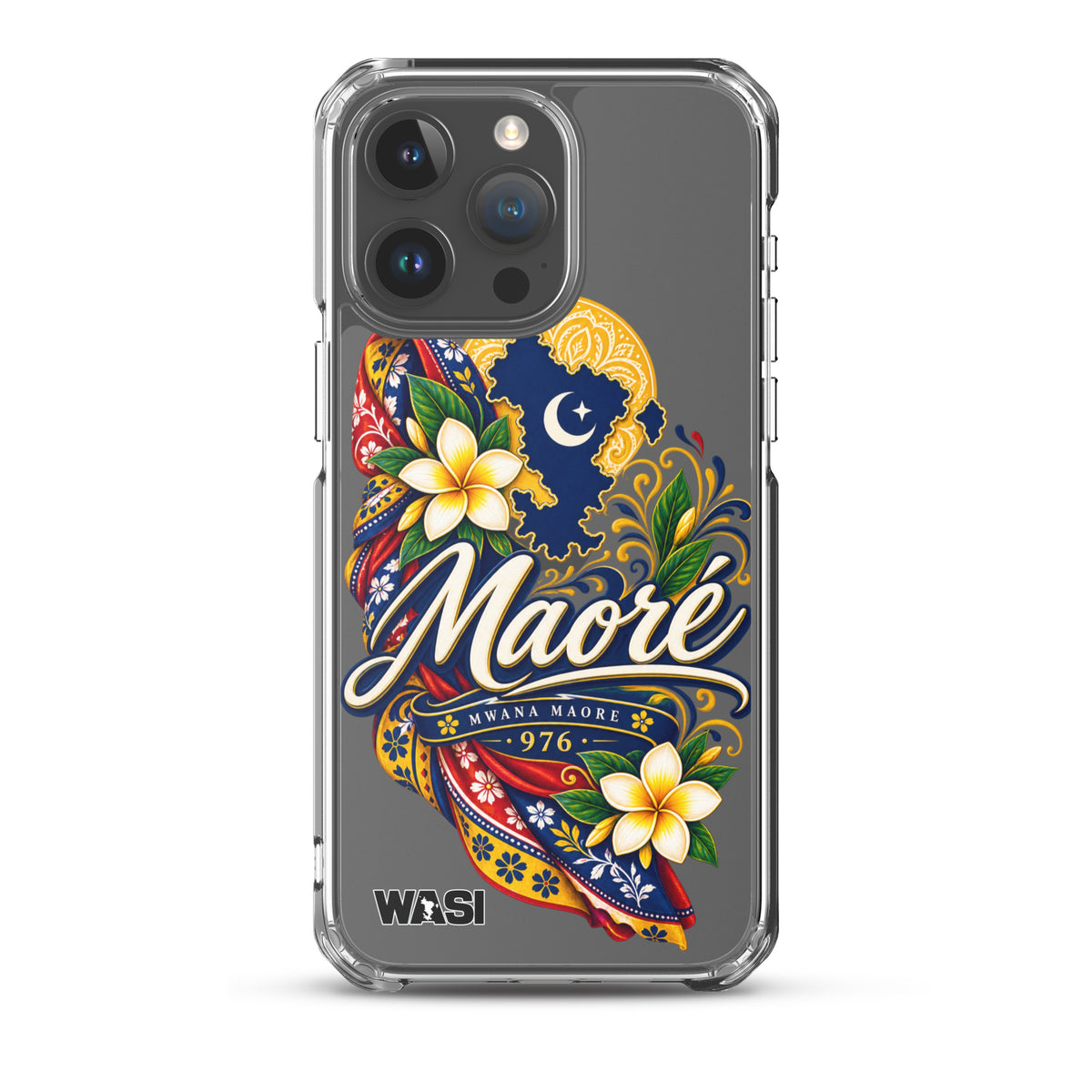 Coque iPhone Mwana Maore motif traditionnel Salouva et Kishambani bleu et or