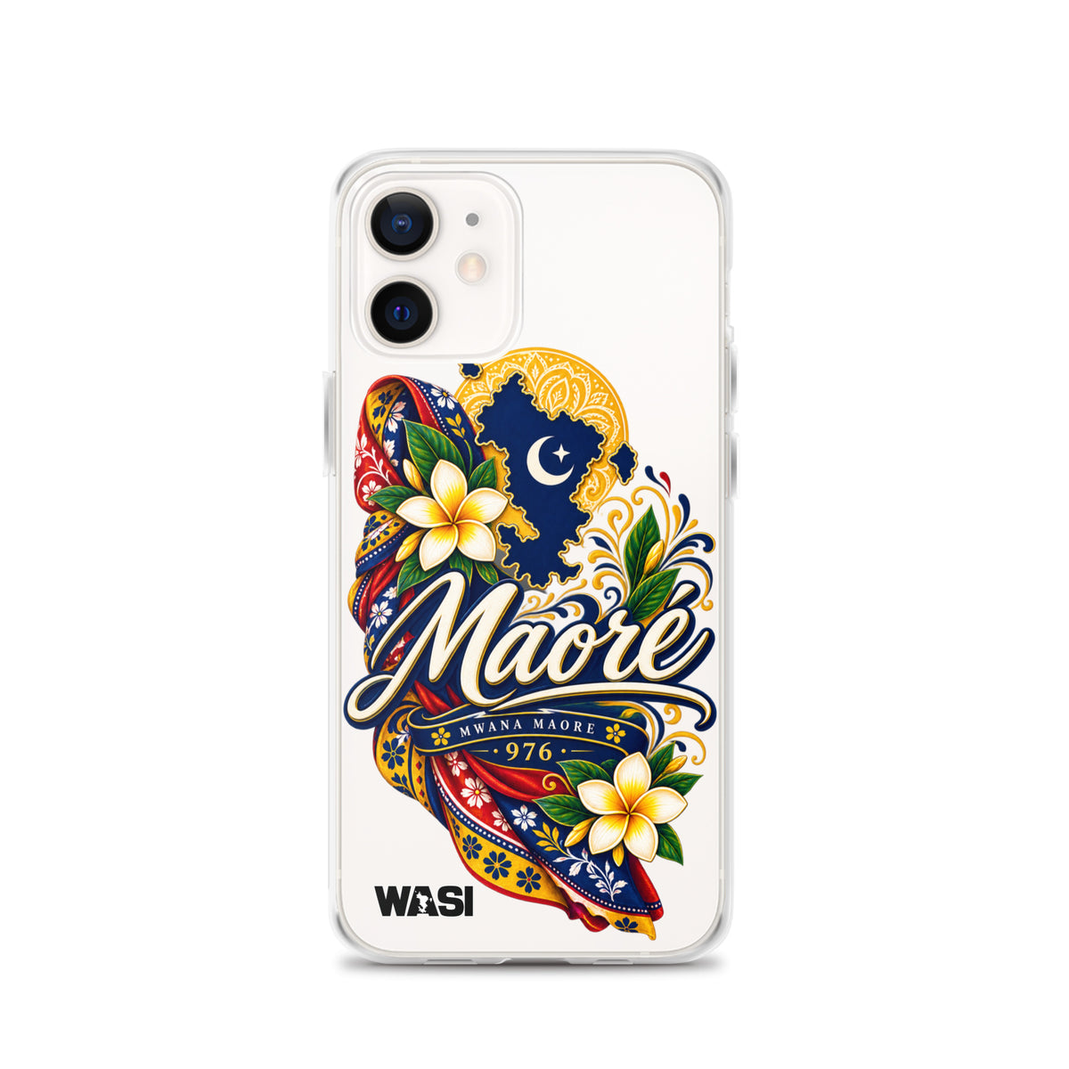Coque iPhone Mwana Maore motif traditionnel Salouva et Kishambani bleu et or