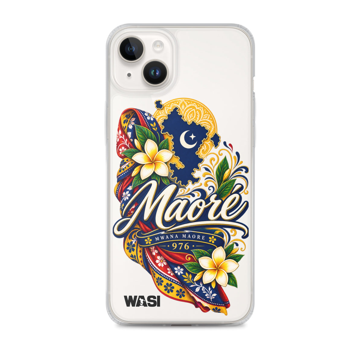 Coque iPhone Mwana Maore motif traditionnel Salouva et Kishambani bleu et or