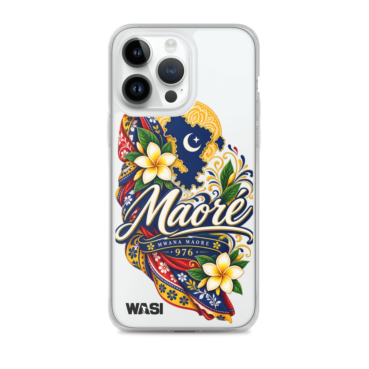 Coque iPhone Mwana Maore motif traditionnel Salouva et Kishambani bleu et or