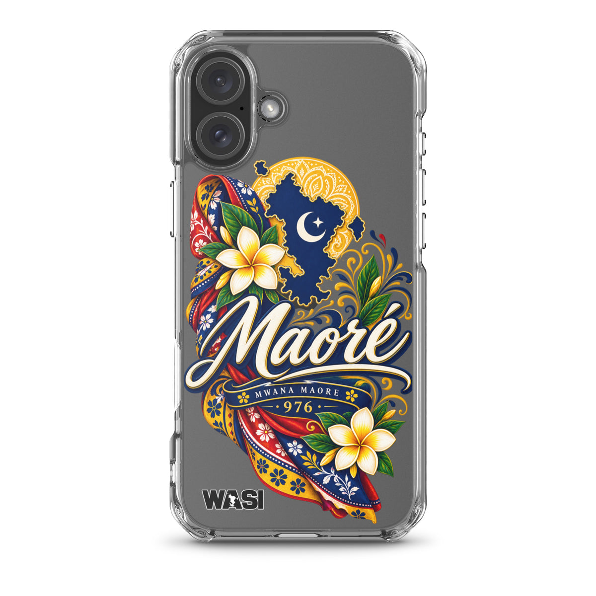 Coque iPhone Mwana Maore motif traditionnel Salouva et Kishambani bleu et or