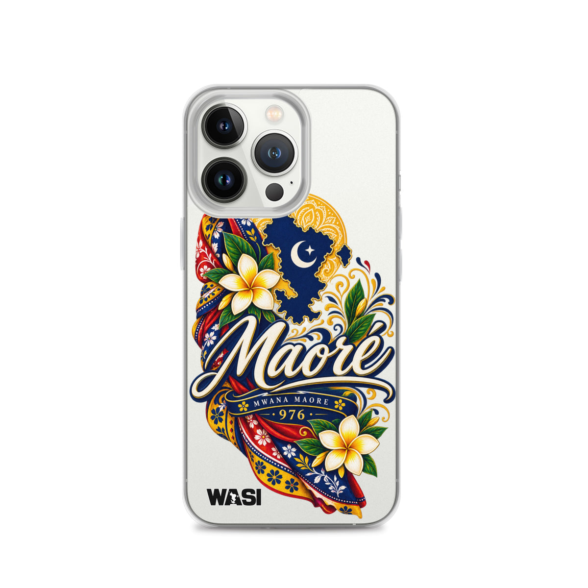 Coque iPhone Mwana Maore motif traditionnel Salouva et Kishambani bleu et or