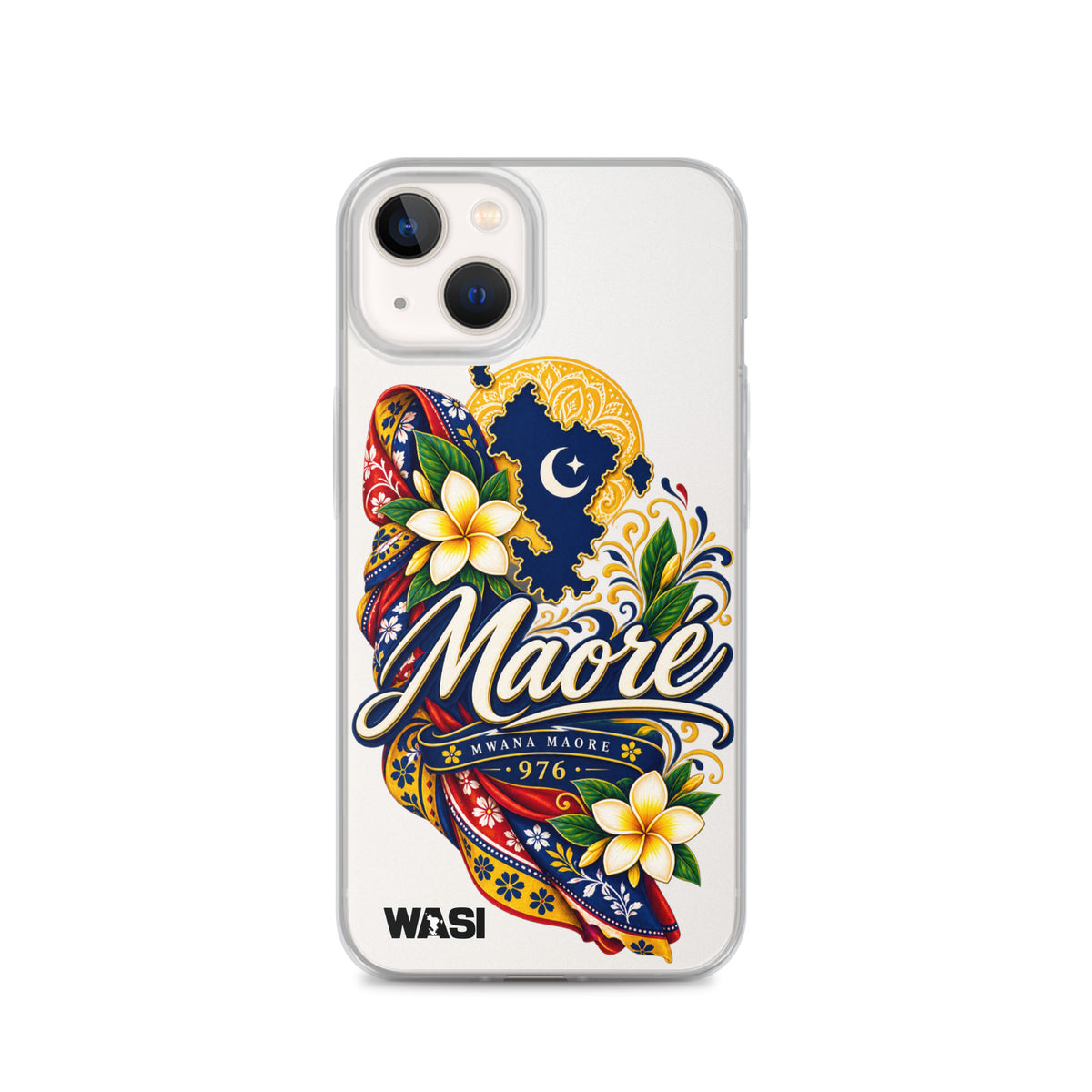 Coque iPhone Mwana Maore motif traditionnel Salouva et Kishambani bleu et or